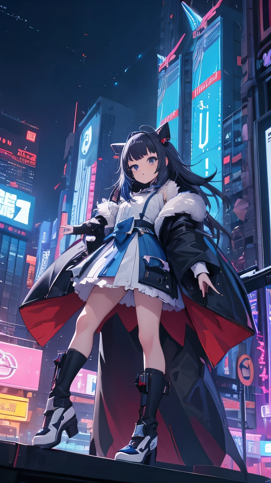 New Year's theme. Anime character with big eyes, in a futuristic outfit, against the background of a city in neon lights .the inscription in the sky "С новым годом!"