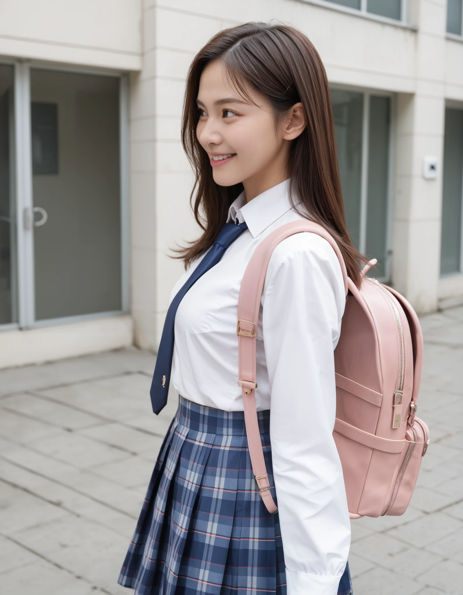 Masterpiece, hd, realistic, 1girl, brown hair, long hair, smile, medium breasts,school uniform, white collared shirt, blue necktie, long sleeves, blue plaid skirt, mcm,bag, MCM bag, backpack, pink backpack, from side, cowboy shot, looking to the side, determined, outdoor, closed mouth, best quality