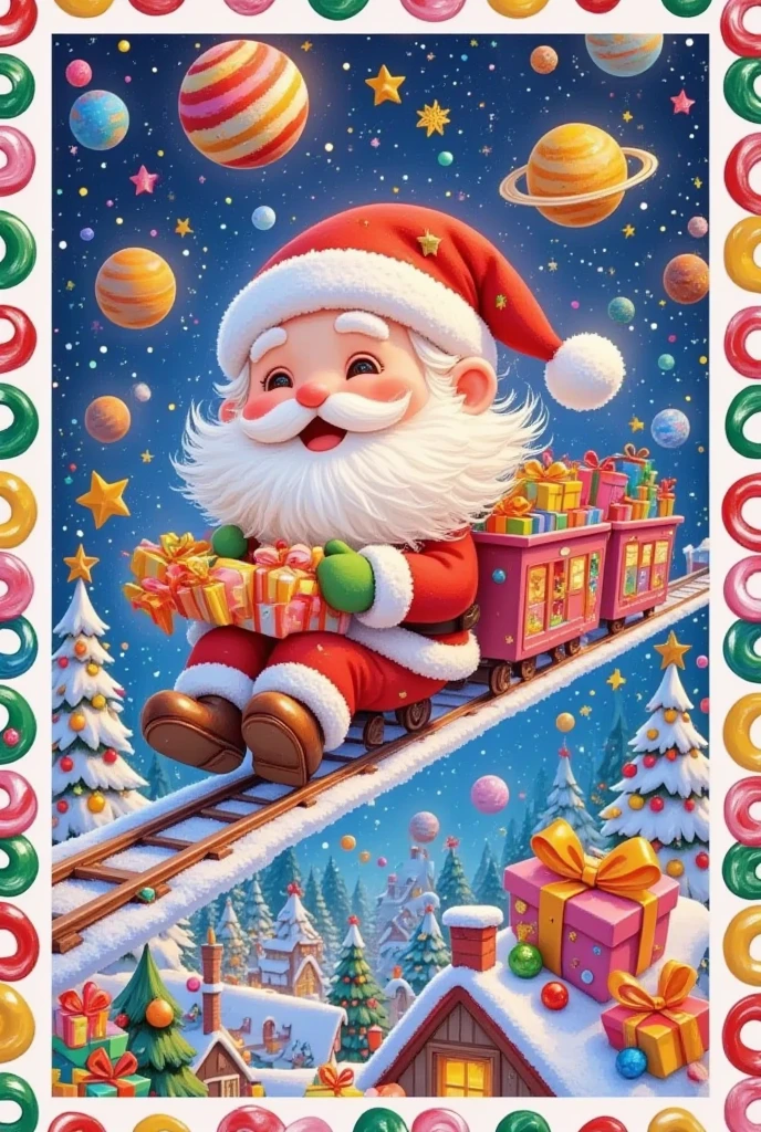 christmas postcard, stamp border, christmas card, flying train in the sky, planets, galaxies, airborne castle filled with gifts, happy santa claus in green gloves, candy explosion, whimsical illustration, (best quality,4k,8k,highres,masterpiece:1.2),ultra-detailed,(realistic,photorealistic,photo-realistic:1.37),HDR,UHD,studio lighting,ultra-fine painting,sharp focus,physically-based rendering,extreme detail description,professional,vivid colors,bokeh,fantasy,surreal,magical