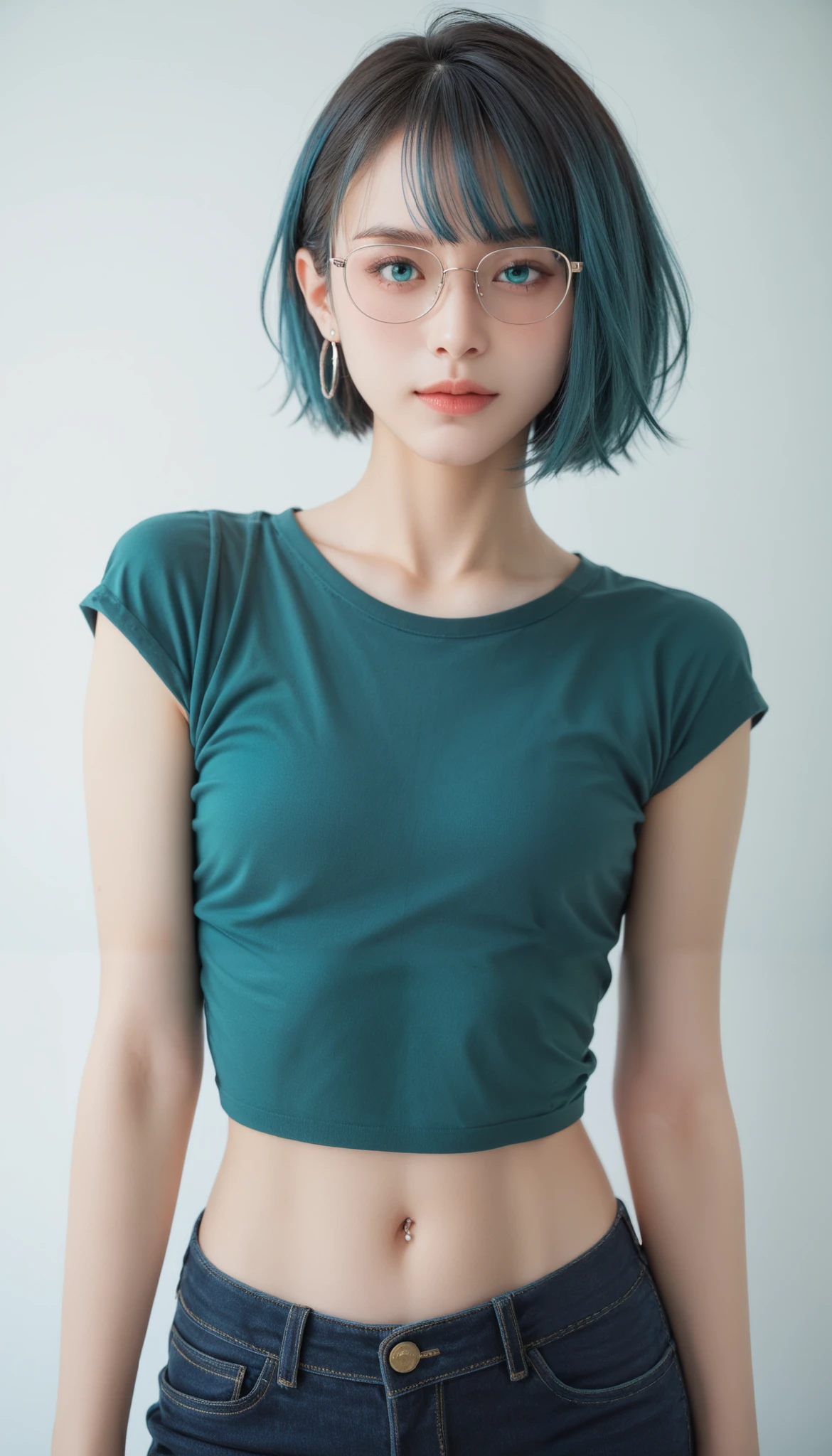 A beautiful young woman with messy aqua blue hair, asymmetrical short haircut, piercing aqua eyes, medium bust, fair skin, wearing glasses, an olive green shirt, and jeans, showing her midriff, highres, 4k, best quality, masterpiece, photo-realistic, vivid colors, studio lighting, physically-based rendering