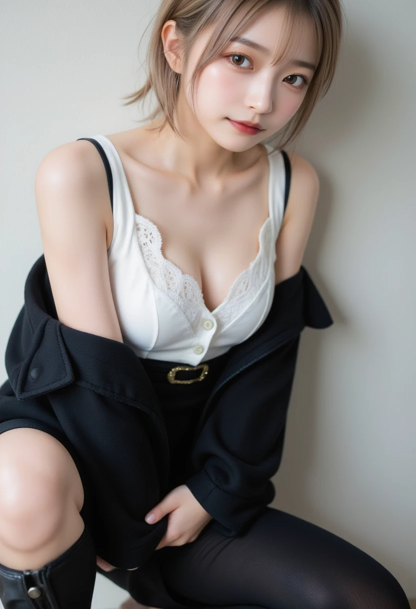 heavily pregnant, young girl, red hair, blue eyes, cheek blushing, hairbangs, short hair, ponytail, big belly, button up outfit, necklace, sexy pose, beautiful, blurry background, very dark background, looking at viewer