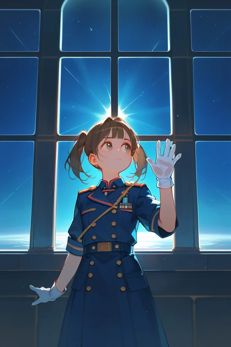  
atmospheric art, in a room, looking out a large window, , moonlight (blue)glow,Atmosphere, hand on the glass,night, ship in space, dark, room, girl put one palm on the glass,short blond brown hair, pigtail,dark turquoise uniform, white gloves, light brown eyes, face,Looking out the window, front view, a little far away,blue rays on the skin,facing the window, looking out the window, front view  