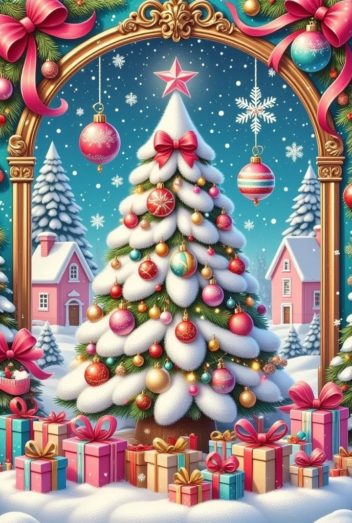 A pink Christmas scene with a white tree, pink houses, and presents, with snow falling. It's a beautiful scene, with Christmas lights on the trees and pastel colors. The picture is framed in a gold frame.