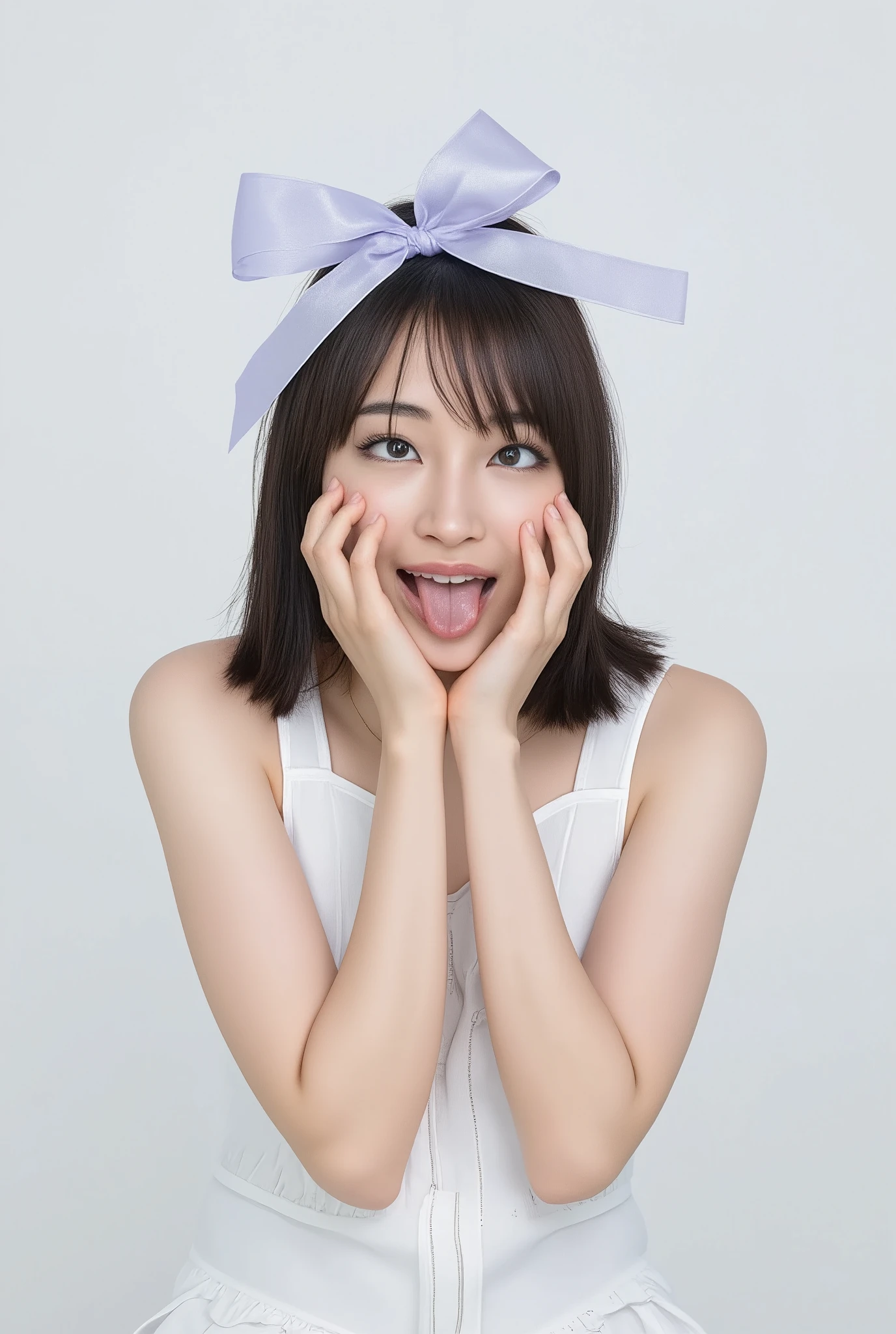 Smiling face with hands making a heart shape:2.0、 (Ultra-Accurate Human Anatomy, Best Quality、RAW Photos、8k、32K、masterpiece、Realistic、Photorealistic:1.37)、Cute Japanese women images、Tank tops、Photographed in natural light、Upper Body、1 girl、Photo Mapping、Physically Based Rendering、Excellent image quality、High resolution、1080P、(Beautiful Face)、(Detailed description of the face)、(Detailed explanation of the hand setter's muscle area)、(Detailed CG)、Rich details、(Stunning Features:1.35)、(Detailed eyes)、I look forward to your eyes、Delicate clavicle、Various poses、A highly realistic and detailed portrait of the upper body of a young woman。The skin is clear、A soft light reflects off the high points of the cheeks.、Fine pores and hair follicles、Even the thinnest blood vessels are visible。The skin is smooth、A natural flush to the cheeks、Gives off a healthy glow。The eyes are large and clear blue、The iris has a fine pattern、The light reflects off your eyes and shines。There is a slight shadow under the eye、Eyelashes are long and naturally curled。Her lips are a soft pink color、Smooth texture and natural shine、Reflects light slightly。The woman is wearing a simple white top.、The background is a faint monochromatic gradient.、The focus is completely on the face and upper body。Realistic shadows and textures、The depiction is like a photograph.。