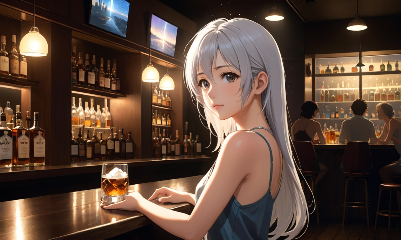 Uses Makoto Shinkai's depiction perfectly,Portrait of Halie Loren,8k 4k masterpiece photo ,Tokyo,A jazz bar with a glass ceiling,The twinkling stars can be seen through the glass windows.,It's a dark night outside,Jazz is playing,Close-up of profile,Beautiful in profile,Semi-long hair,Silver Hair,Look in a different direction,Standing alone at the counter,A small glass of whiskey in front of me1There are、tight fitting tank top dress,Bust is larger,Same character as before、Please draw the hands very precisely.