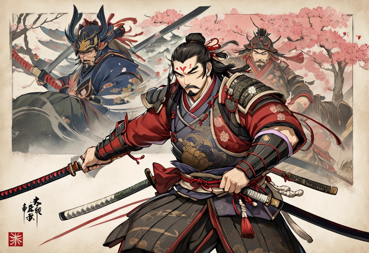 Dressed in traditional samurai armor with intricate designs、Famous Japanese historical figures、Detailed images of Toyotomi Hideyoshi、He has a topknot and a stern expression.、Has an intimidating presence。The background is a traditional Japanese castle