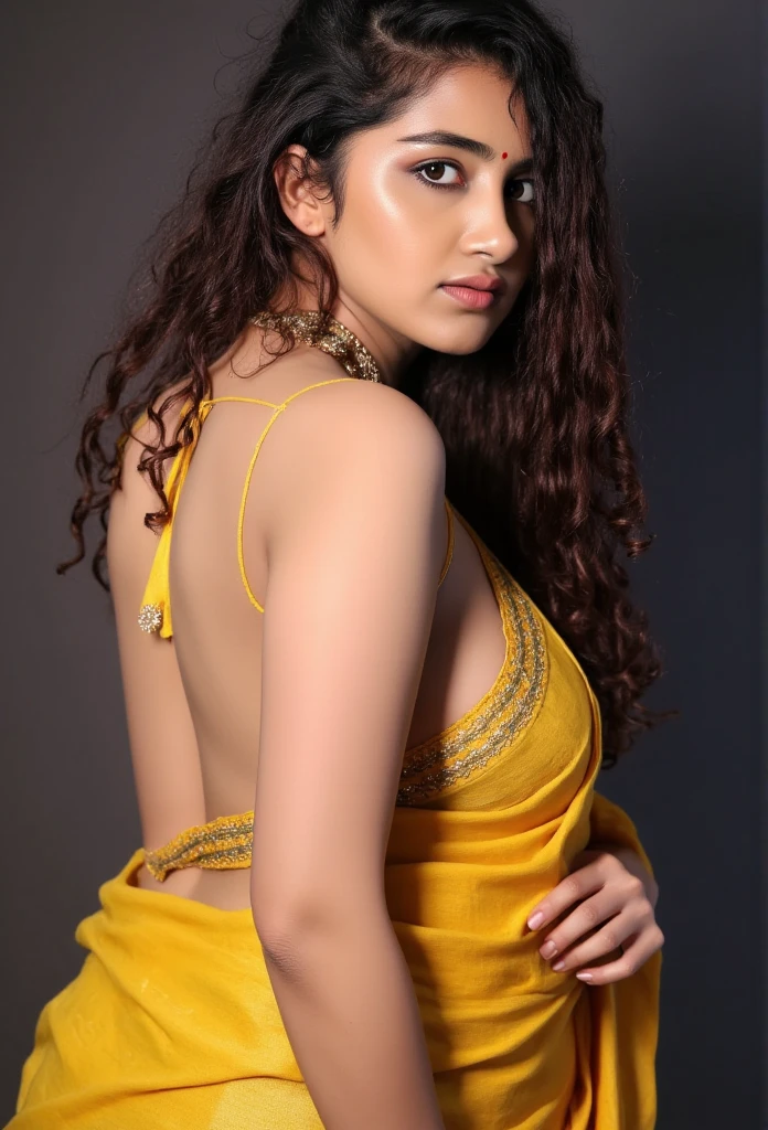 a beautiful naked curvy girl, in a saree, bare back, topless, detailed portrait, highly detailed face, detailed eyes, realistic, photorealistic, 8k, cinematic lighting, bright color tones, glowing skin, intricate fabric details, elegant pose, dramatic shadows, golden jewelry, mystical atmosphere, busty naked 