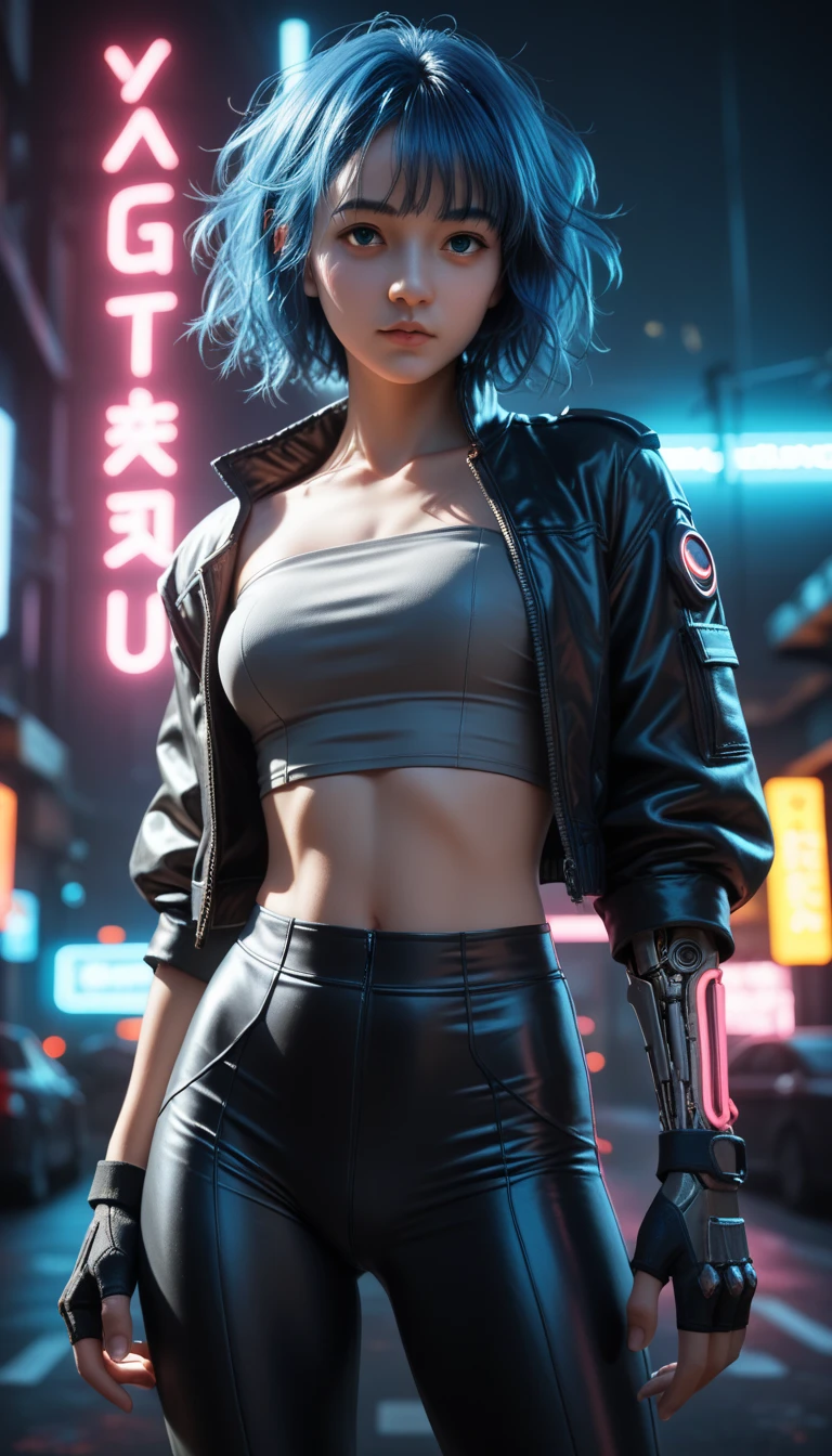 a beautiful detailed portrait of a 16-year-old Japanese girl, short bob haircut, medium breasts, messy hair, healthy looking, sexy expression, tight fitting clothes, daring pose,midriff exposed, Tube Top, Garter Belt,  photorealistic, highly detailed, dramatic lighting, (masterpiece,  top quality,  more:1.2),  (  dark futuristic skin wearing a tight jacket {x} cyberpunk city scene illuminated by neon lights ), (Alone:1.4), (  Cool Stylish Young Women  ),  ( Vivid with Long Wavy Breaks Blue hair , Glowing Neon Accents :1.3), (cybernetic arm, ), (Fingerless gloves, ),  (Dynamic Lighting,   Strong Contrast ), ( Strappy Tight Pants Background :1.2), Bare arms,