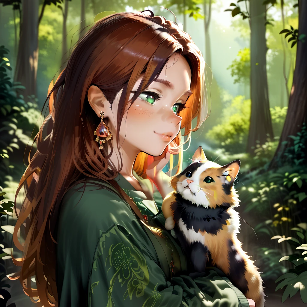 beautigul brown medium lengh hair girl, with calico cat, forest, lord of the rings, dreamy eyes