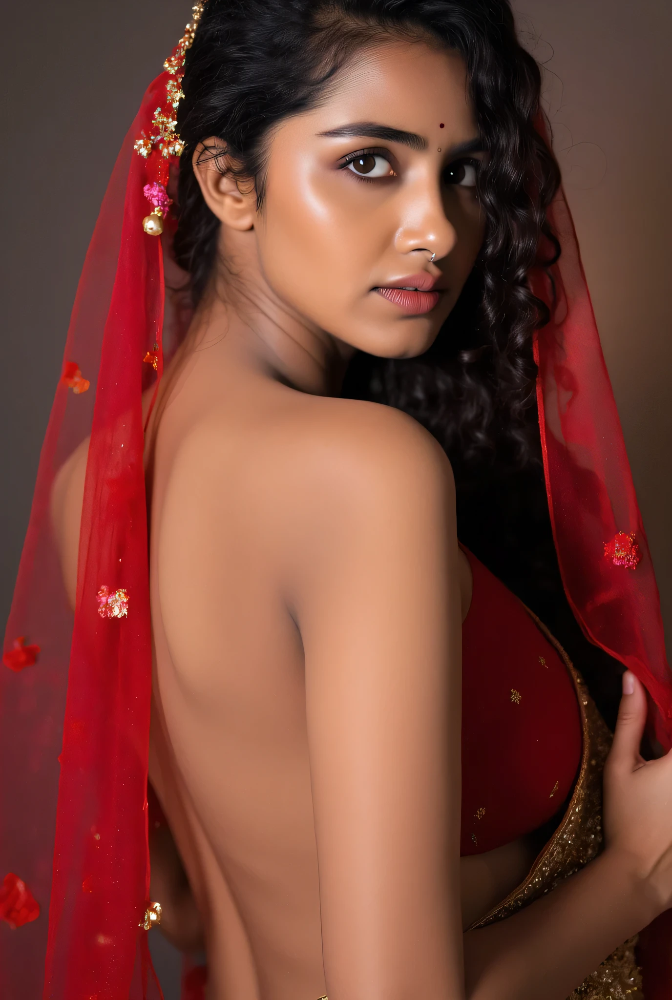 (masterpiece, best quality:1.2), 1girl, solo, stunning beauty, sexy indian, nude, body facing camera, ear ring, navel ring, wearing red bridal veil, nude, breasts visible, showing breasts,