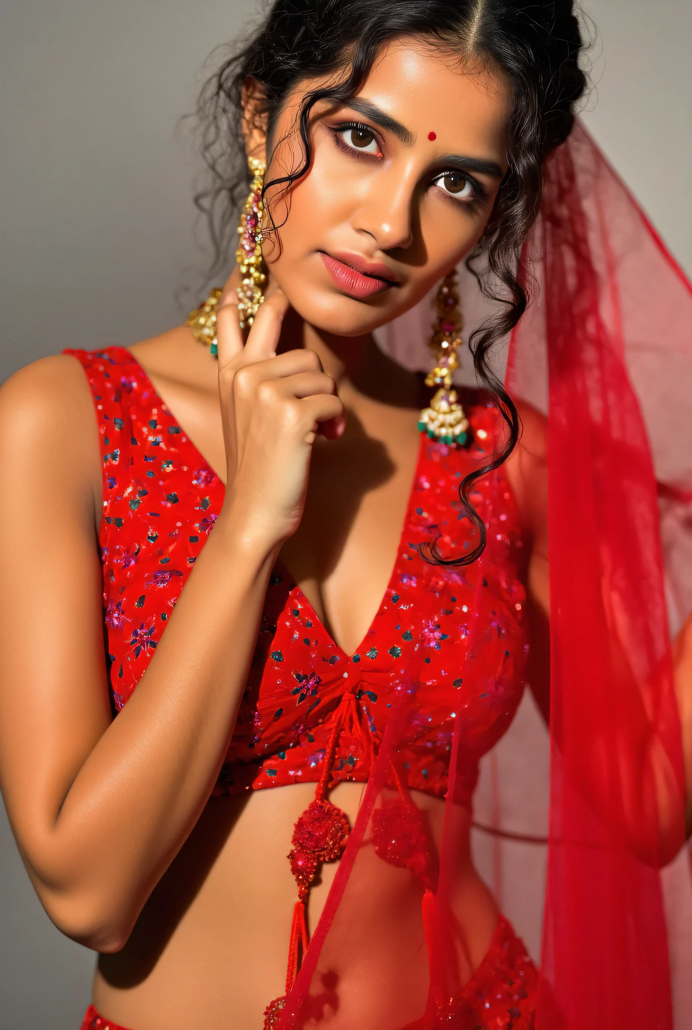 (masterpiece, best quality:1.2), 1girl, solo, stunning beauty, sexy indian, nude, body facing camera, ear ring, navel ring, wearing red bridal veil, nude, breasts visible, showing breasts,