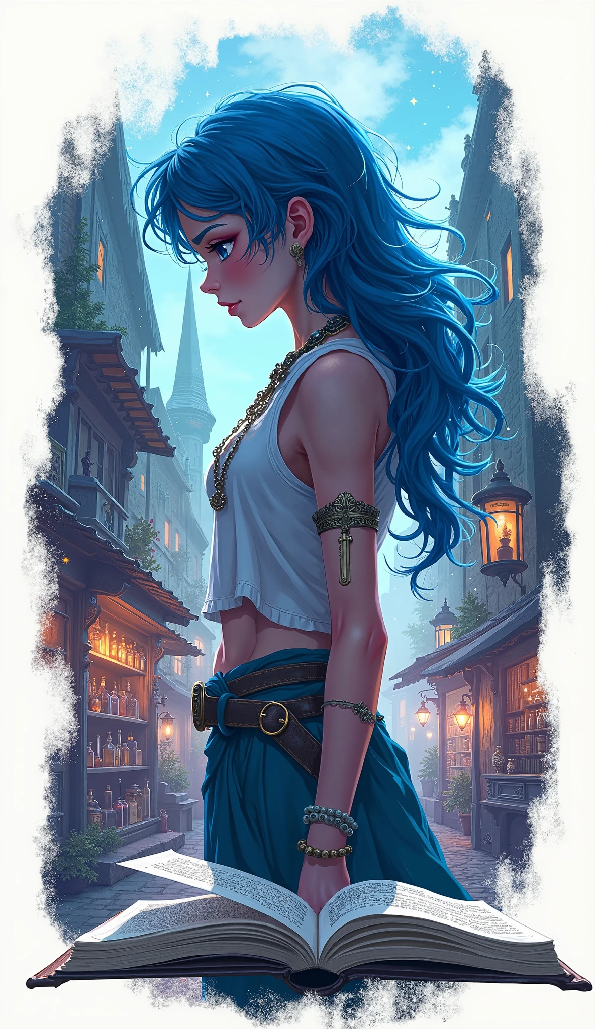 ((best quality)), ((masterpiece)), (detailed), 1girl, sexy, elf, blue hair, long hair, straight hair, pointy ears, eyewear on head, wearing white tank top, short pants, on street, Midsummer, strong sunlight, bracelet on left arm