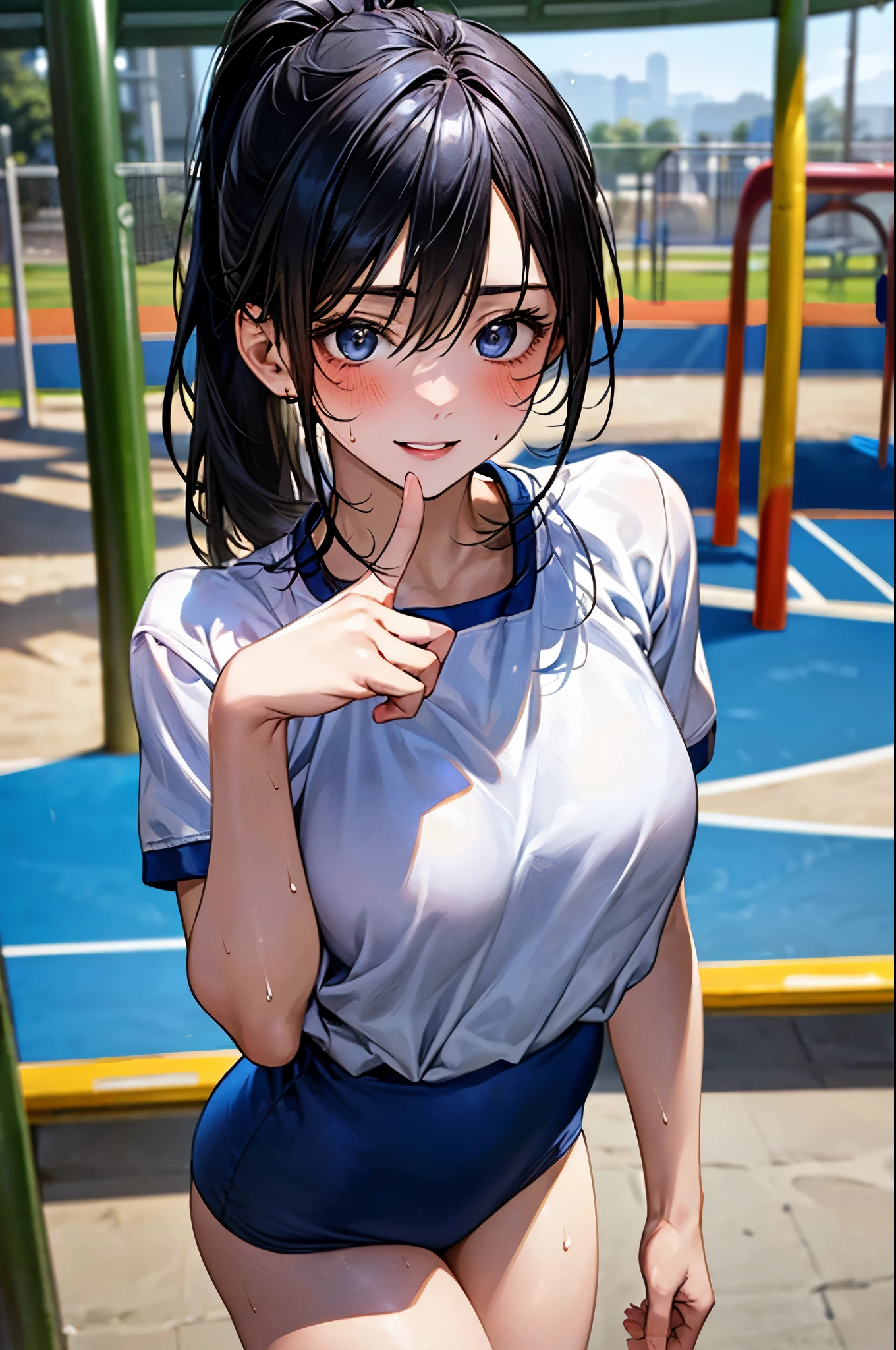 (masterpiece:1.3, top-quality, ultra high res, ultra detailed), (realistic, photorealistic:1.3), beautiful illustration, perfect lighting, natural lighting, colorful, depth of fields, 2024s,
beautiful detailed hair, beautiful detailed face, beautiful detailed eyes:1.2, (perfect anatomy, anatomically correct, super detailed skin, complete fingers), oily skin, shiny skin,
looking at viewer, waist shot, 1 girl, high school girl, cute and symmetrical face, perfect face, perfect eyes, perfect body, face, cute face:1.2, tiny,
(long hair, ponytail, long sidelocks, black hair), hair between eyes, blue eyes, sparkling eyes, long eyelashes, (large breasts, narrow waist, seductive thighs), ,
(detailed cloth texture), break (round neck blue gym uniform), break (brm), (dark blue buruma), break (hachimaki), break
(beautiful scenery), summer, evening, (playground:1.2), dancing, sweating, (lovely smile, upper eyes, parted lips, blush, sweat),