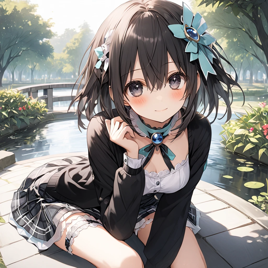 ( 1 girl),Green \(Neptunia )\, black hair, black eyes, embarrassed face、blush、short hair, (long sidelocks:1.5), ( small tits:1.5),(closed black cardigan :1.5)、(Regular black tie :1.5)、( black plaid mini skirt:1.5)、(white panties:1.5),(Thighs:1.5),(bridal garter:1.５), sit on your knees 、 sitting with legs open 、 thigh lift :1.5,Park Walkway、In front of the pond、front、 Cowboy Shot 、( perfect anatomy ),( best quality), ( ultra hi-res), (超 high definition ), ( Highly Detailed CG), (32K), (masterpiece)、eyesHD