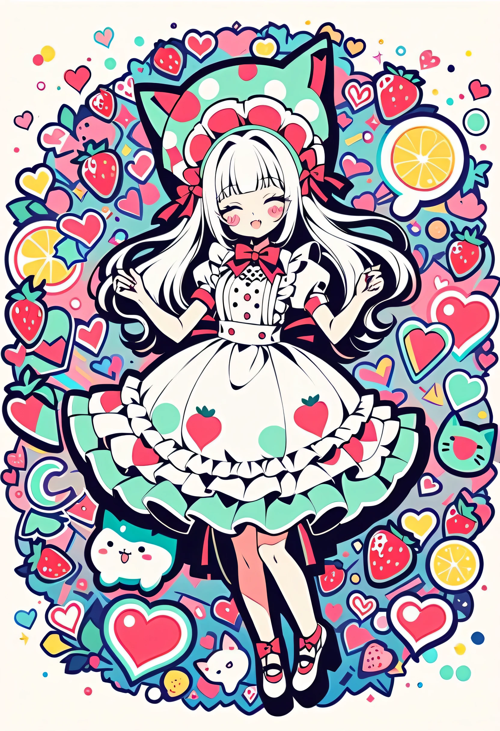 whole body、、、sleep、sleep、lie、 lies down、to ridicule、、 girl wearing a strawberry hat 、 Lots of Strawberries 、Flying Strawberries 、  Anime Witch Design ,  Heart Sign,  Red Strawberry Hat 、 strawberry pattern maid suit、Apron design ,, Love Style, Full Design, Only 18 colors,  black and white, No Shadow, Full Design,  stickers,  bright color, White background. Super Detailed Illustration ,((( beautiful ))),((( beautiful )),((( beautiful background))),((( beautiful ))),((( beautiful cat))),((( beautiful background))),Midsummer、 Green Calyx Beach 、 straight bangs、squint,  Pop Art Style 