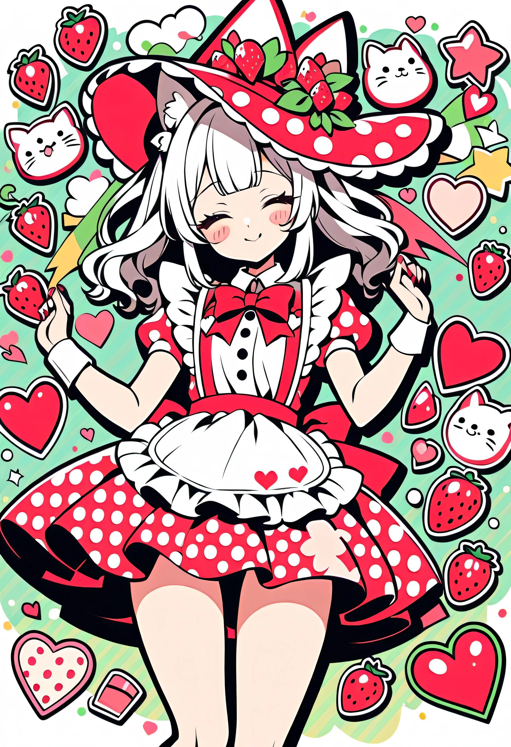 whole body、、、sleep、sleep、lie、 lies down、to ridicule、、 girl wearing a strawberry hat 、 Lots of Strawberries 、Flying Strawberries 、 Anime Witch Design , Heart Sign, Red Strawberry Hat 、 strawberry pattern maid suit、Apron design ,, Love Style, Full Design, Only 18 colors, black and white, No Shadow, Full Design, stickers, bright color, White background. Super Detailed Illustration ,((( beautiful ))),((( beautiful )),((( beautiful background))),((( beautiful ))),((( beautiful cat))),((( beautiful background))),Midsummer、 Green Calyx Beach 、 straight bangs、squint, Pop Art Style