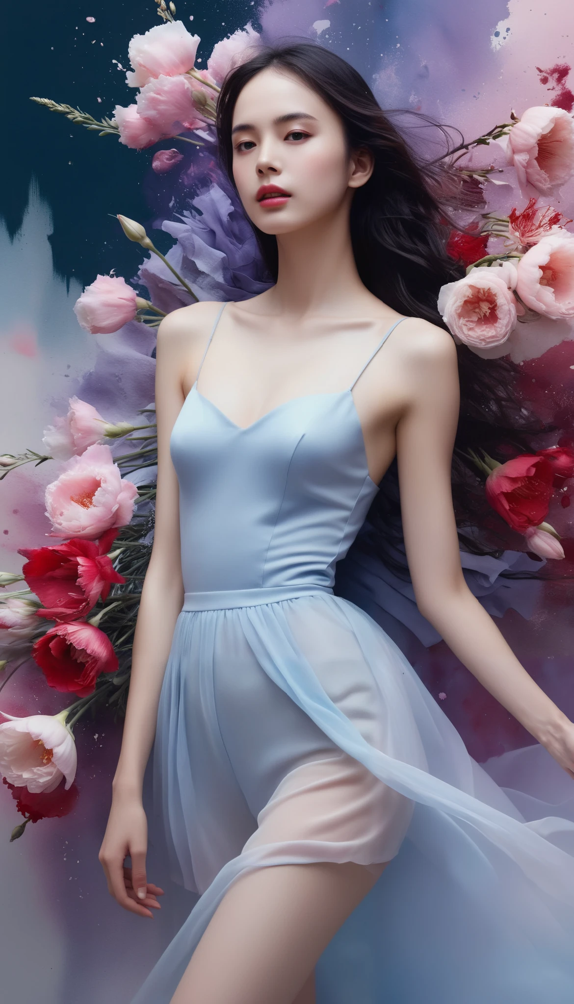 score_9, score_8_up, score_7_up, score_6_up, score_5_up, score_4_up,(best quality,4K,8k,highres,masterpiece:1.2), ultra-detailed, hi res,(super realistic:1.37), digital media artwork, 1 sensual girl, flower, Lisianthus , in light pink and light blue style , Dreamy erotic Works, Pale pink, Mysterious Leaves, A playful arrangement, sex fantasy, high contrast , Ink strokes, explosion, Overexposure, impression of purple and red tones , Abstract, (( watercolor by John Berkey and Jeremy Mann )) Brush strokes, Negative Space ,