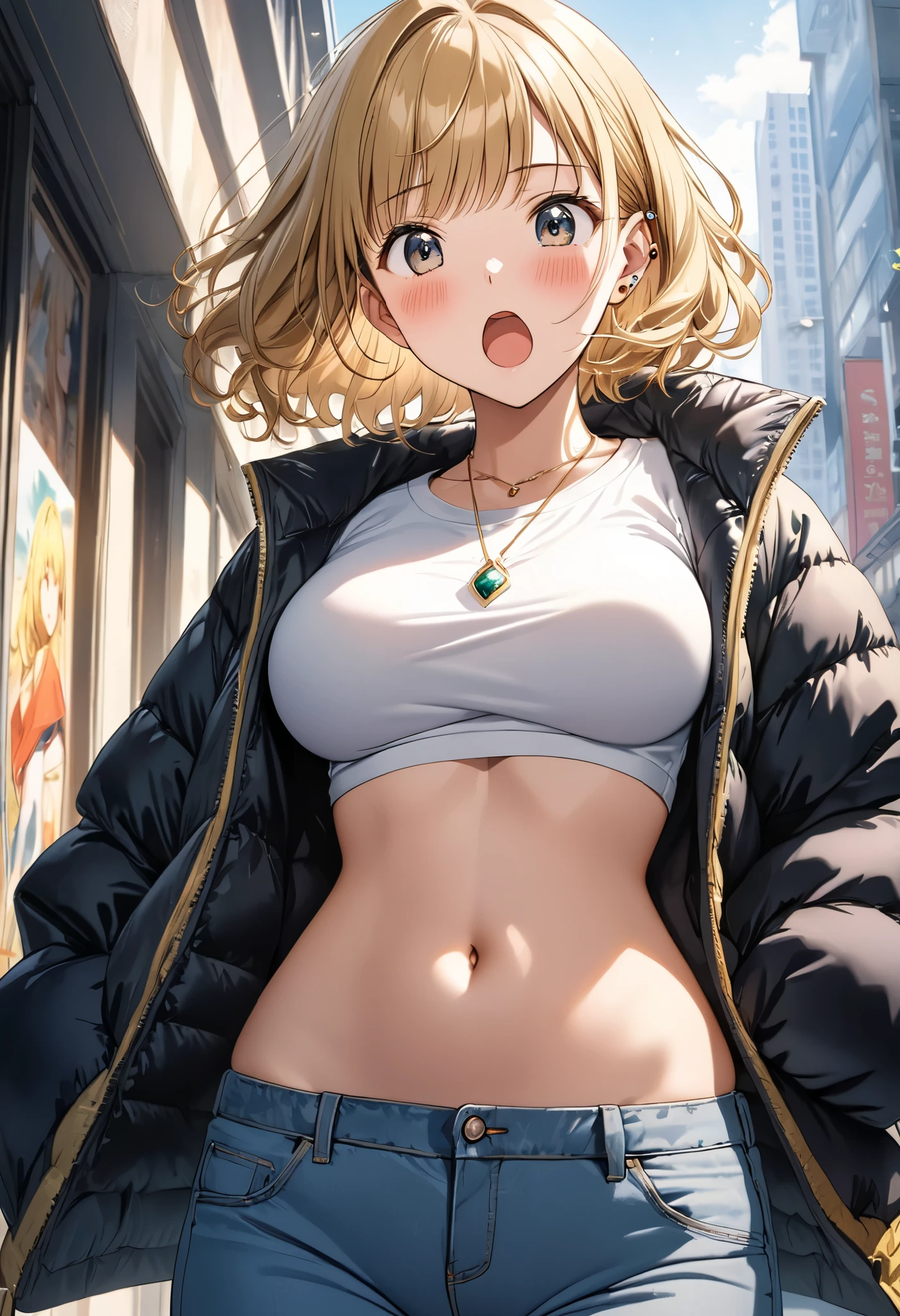 masterpiece, Best Quality, High resolution,16k,official art,super detailed skin,detailed,animated painting, Takarada Rikka ,1990s \(style\),(F cup beautiful breasts)、25years old, (tall:1.2),height: 175cm,Fashion model body type、Short Hair、wavy hair,（Blonde）、gal,(downjacket,jeans,white T-shirt:1.3),Belly button,necklace、Ear piercing,,Muscular、1girl、(surprise,confuse,open mouth,Shy、blush,Shyness:1.3),Anime-style painting style,Close-up of the full body,Cinematic lighting,superfine,magnificent view,in the city,morning,winter,(sexy),closeup