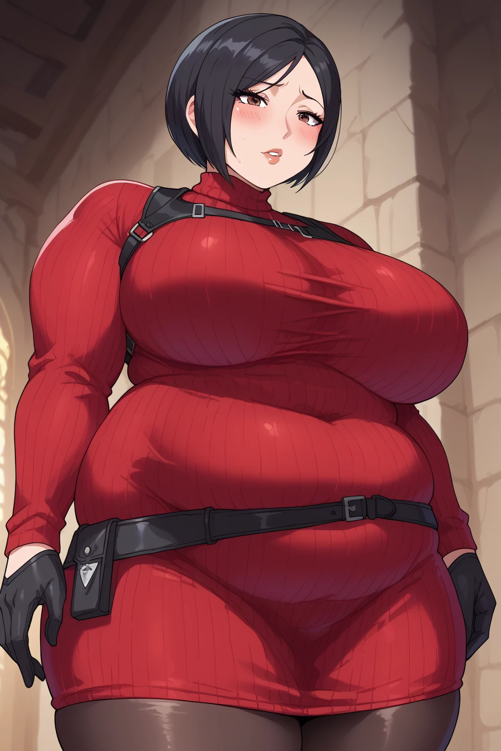 ada wong,Black Hair,  short hair,  dark eyes,  red sweater ,  turtleneck , Harness,  pantyhose,  Black Gloves , belt,  score_9,   score_8_up,   score_7_up,   score_6_up,   score_5_up,   score_4_up,     Masterpiece  ,   top quality,   Very Aesthetic,   absurd,   source_Anime, Anime screencap,   one woman , Alone,  personal  ,  Super huge breasts, ((( super huge clevis, Super huge , Super huge boob))), Curvy,  chubby , Mature Woman,  obese body type, blush,  troubled expression,　 sloppy stomach , puzzled expressions,In the dark castle