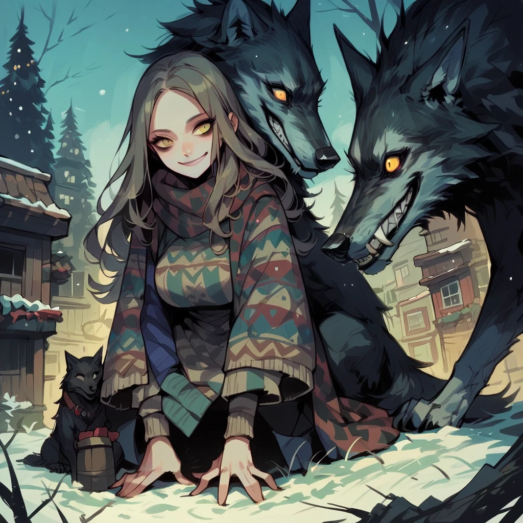 score_9, score_8_up, score_7_up, score_6_up, 1girl, large breasts, long hair, smile, cr33pp41nt, wolf, feral, dark, winter 