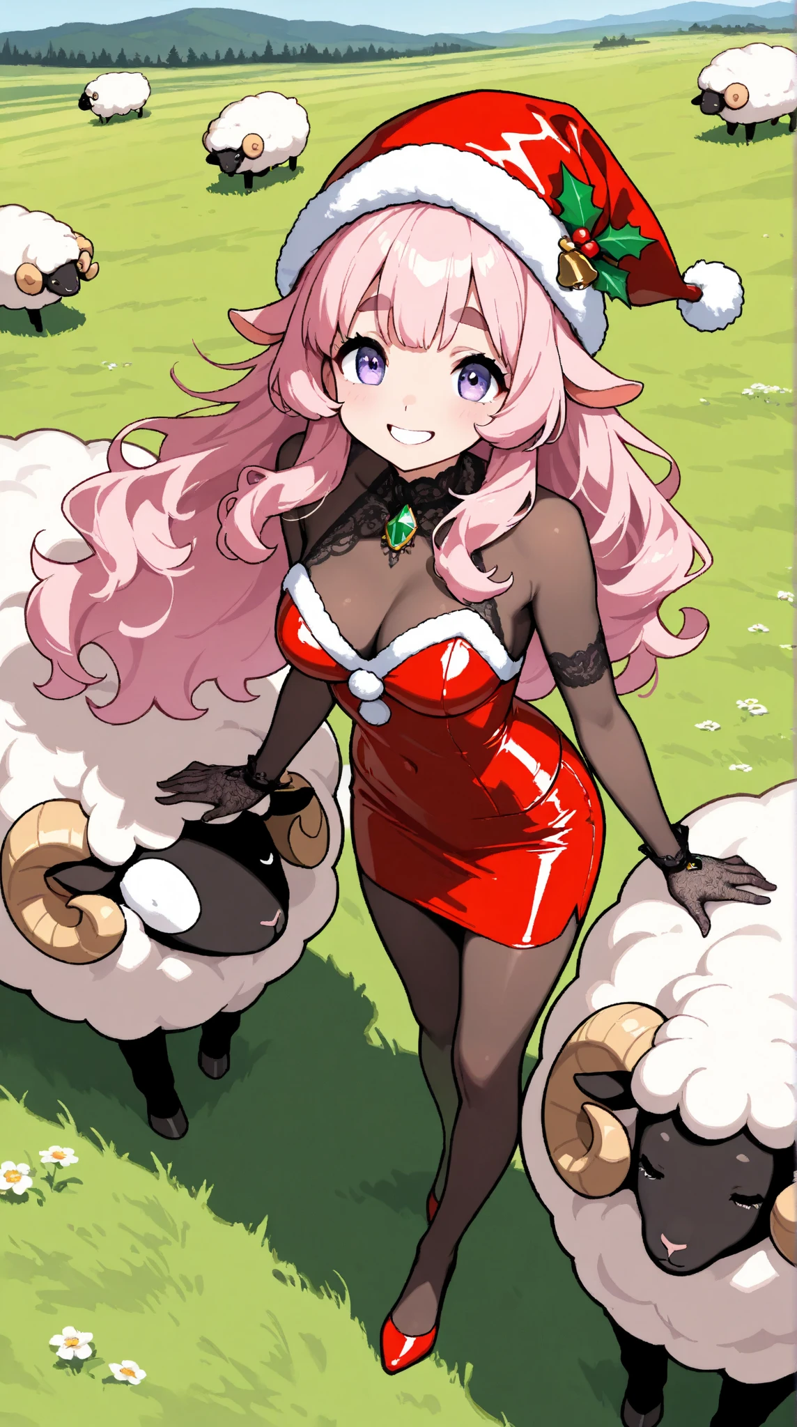  1 pretty girl,(masterpiece:1.3, top quality:1.3, very detailed depiction:1.3, incredible high resolution:1.3,High quality anime drawings),( pink hair, fluffy hair ,sheep毛のような髪の毛,Detailed eyes,Thick eyebrows, happy smiles),( red latex Santa Claus costume, pencil skirt, bodystocking ,Santa hat,black lace gloves, luxury accessories ,A mysteriously shining jewel, black tights),grassland,sheep,