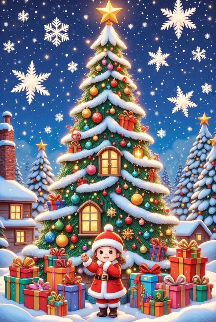 A towering Christmas tree, covered in snow and sparkling with lights, is surrounded by clouds of mist. The background is an endless sky full of stars. People stand around the Christmas tree, smiling happily and creating a festive atmosphere. This is a cartoon-style, anime illustration with warm colors, high resolution, high detail, bright colors, a wide-angle lens, soft side lighting, and rich details, including the people's .using natural light and a wide-angle lens, with soft tones and a serene atmosphere. In anime style, it features colorful colors, In the style of Hayao Miyazakivector style,high resolution, high details, 