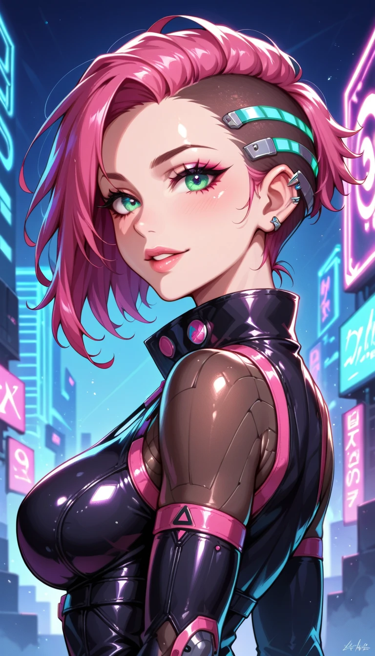 A stunning portrait of a neon punk woman with glowing cybernetic implants embedded along her jawline and temples, their light shifting between soft blues and pinks. Her piercing, holographic green eyes contrast sharply with her dark metallic makeup. Her hair, an iridescent blend of teal and violet, floats weightlessly as if defying gravity. Behind her, the blurred neon signs of a cityscape provide a vivid backdrop that enhances her futuristic allure.
