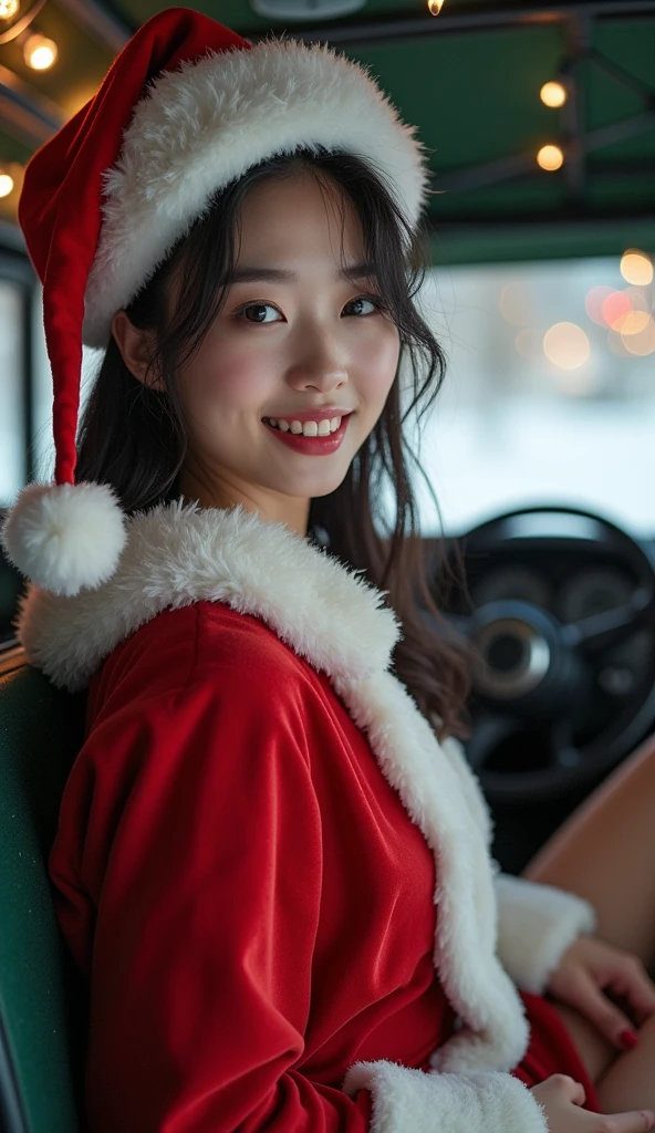  slender figure、 beautiful skin in NFSW、 shows the whole body、 top quality、 Santa cosplay in the truck、Santa hat、 Christmas、Before the illuminations、smile、 white skin、 Japanese woman with a viewing angle of、