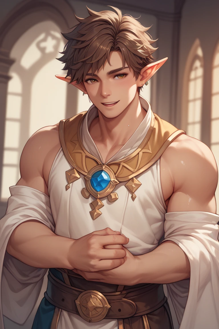 An elf boy, small in stature with brown hair. The healer is a traveler.