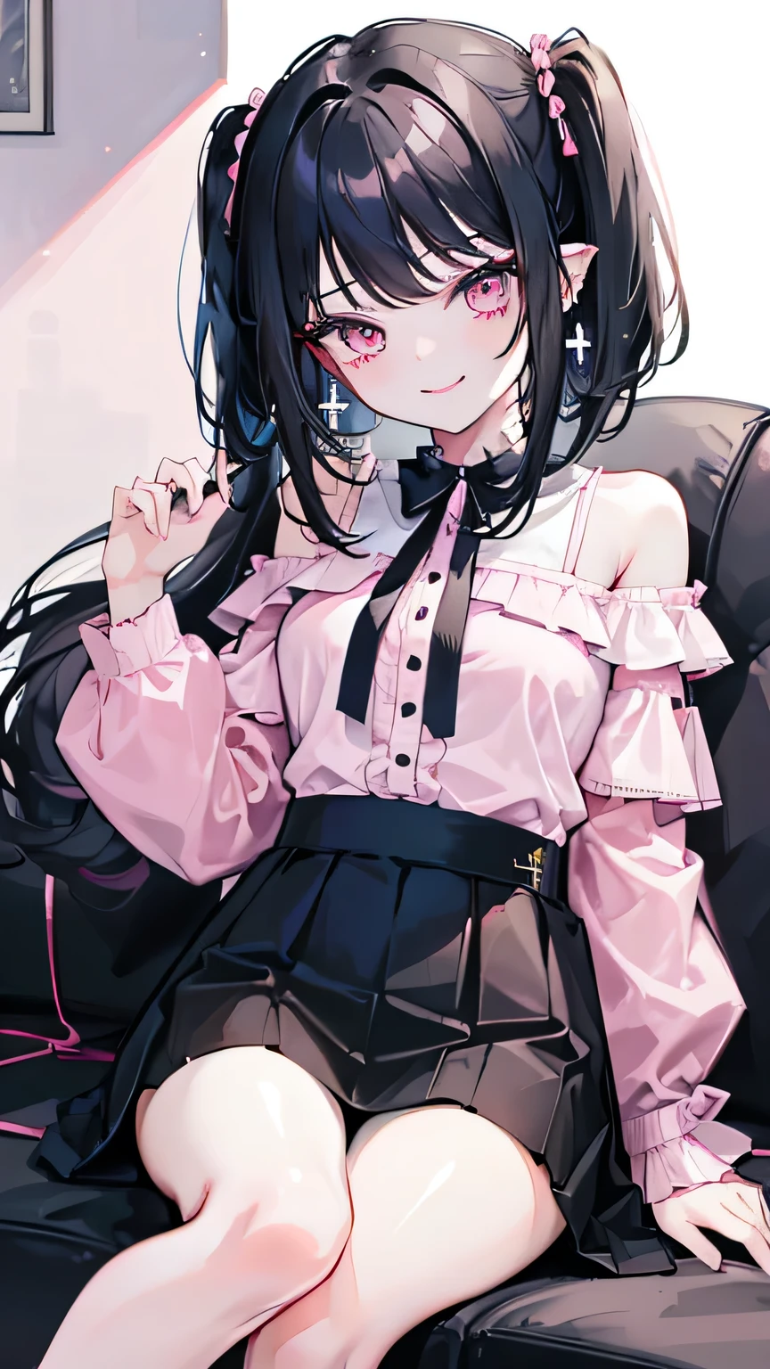 (8k、Top quality صورة、Top quality、Art board)、 The joint 、1 girl、Black hair、long hair、Two tails 、 short haircut 、pink eyes、smile شريرة、((smile))、Earrings、Moderate breasts 、pink clothes、Decorations、(( off-shoulder shirt ))、 black midi skirt 、 are sitting on the couch