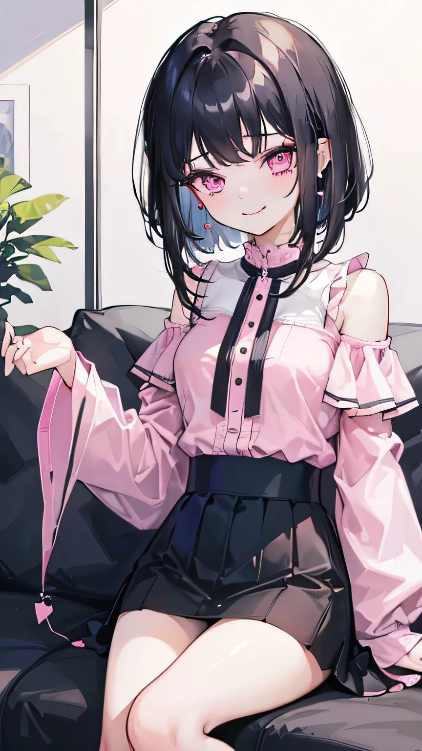 (8k、Top quality صورة、Top quality、Art board)、 The joint 、1 girl、Black hair、long hair、Two tails 、 short haircut 、pink eyes、smile شريرة、((smile))、Earrings、Moderate breasts 、pink clothes、Decorations、(( off-shoulder shirt ))、 black midi skirt 、 are sitting on the couch