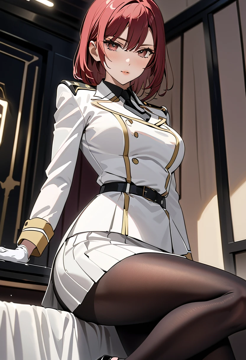  top quality、 unity 8k 壁紙 、32K、  Masterpiece 、  very detailed with crimson hair、  super high resolution 、  very detailed with crimson hairな顔、 RAW photos 、 Professional 、Woman in white military uniform 、 black tie、 long tight skirt with slits、 white gloves、 black pantyhose、 White Stiletto Heels 