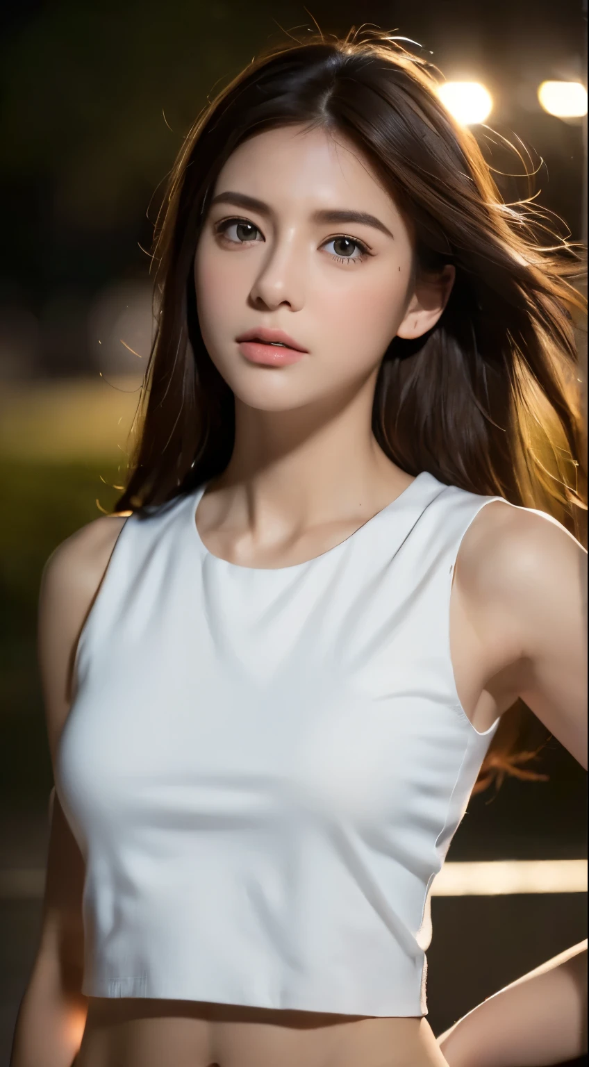 ((Realistic lighting,  Breakthrough Poses, 8k,  Masterpiece : 1.3)), , clear focus : 1.2, 1 girl,  perfect beauty: 1.4,  slim belly : 1.1, ((  dark brown hair  )), ( White Sleeveless Top: 1.4), (outdoor, nighttime: 1.1), Park view,  Delicate Face , Beautiful eyes, Double eyelids,