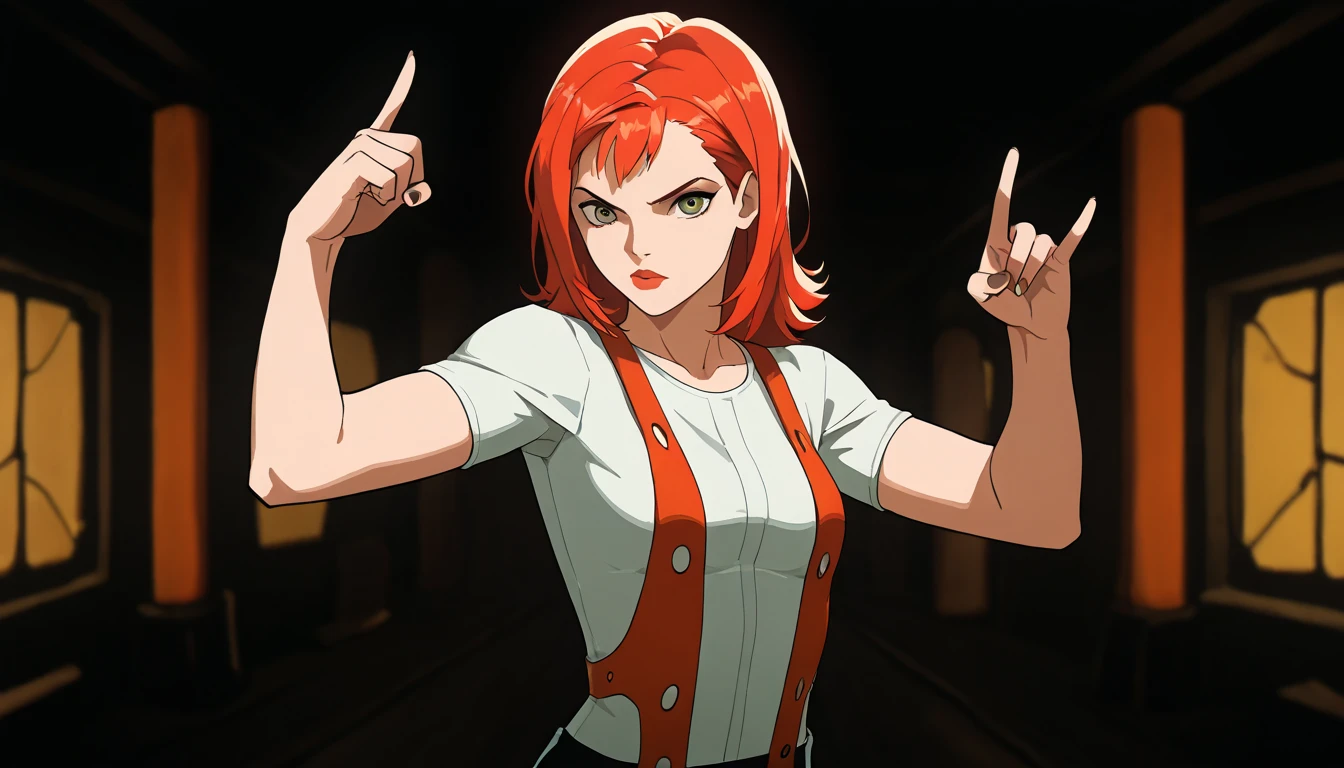 Anime, (ohwx), mila Jovovich as leeloo, woman with red hair,  fingers gesture with kung fu pose,suspenders,  fifth element, style of the fifth element ,Leeloo Dallas, 