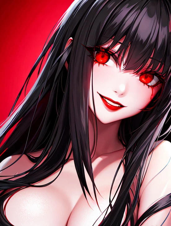 Horror woman, red light eyes, smile, long hair black, dark, she is solo, red lipstick,