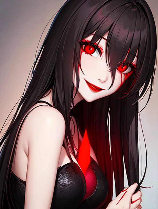 Horror woman, red light eyes, smile, long hair black, dark, she is solo, red lipstick,