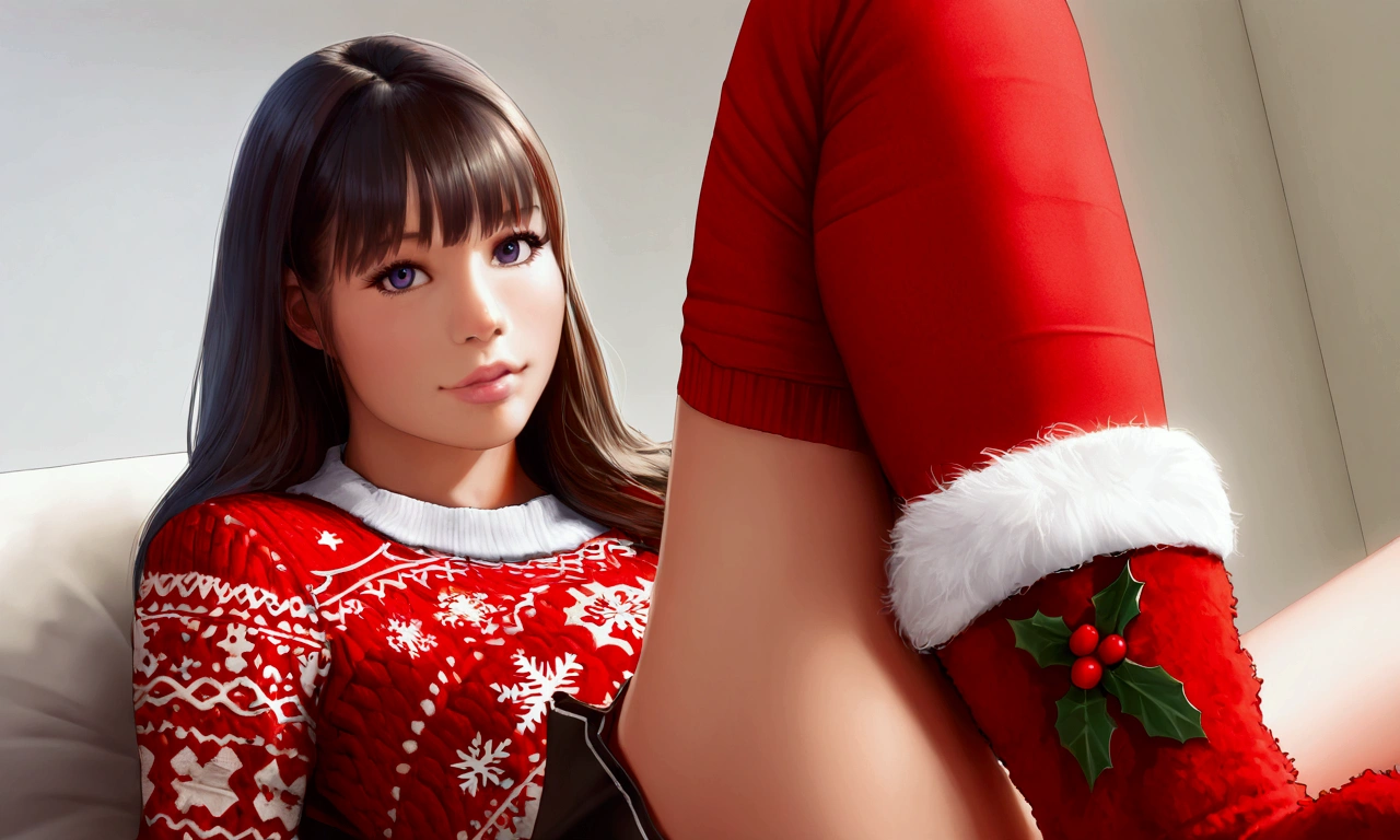 a cute woman, Ariana Grande (age 25), airy sheer hip length fully open night gown (not tied) (midriff and genitals exposed), no underwear, kneeling on a fur rug, near fireplace, Christmas decorations, petting a bunny, flirtatious, ultra-detailed, 8k, highres, masterpiece, realistic, photorealistic, photo-realistic, HDR, UHD, studio lighting, ultra-fine painting, sharp focus, physically-based rendering, extreme detail description, professional, vivid colors, bokeh, portraits, chiaroscuro lighting, warm color tones