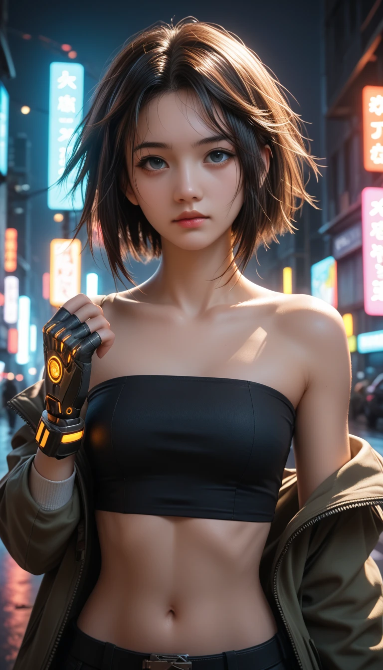 a beautiful detailed portrait of a -yeld Jaese girl, short bob haircut, medium breasts, messy hair, healthy looking, sexy expression, tight fitting clothes, daring pose,midriff exposed, Tube Top, highly detailed, dramatic lighting, (masterpiece,  top quality,  more:1.2),  (  dark futuristic skin wearing a tight jacket {x} cyberpunk city scene illuminated by neon lights ), (Alone:1.4), (  Cool Stylish),  ( Vivid Breaks　hair , Glowing Neon Accents :1.3), (cybernetic arm, ), (Fingerless gloves, ),  (Dynamic Lighting,   Strong Contrast ),, Bare arms,