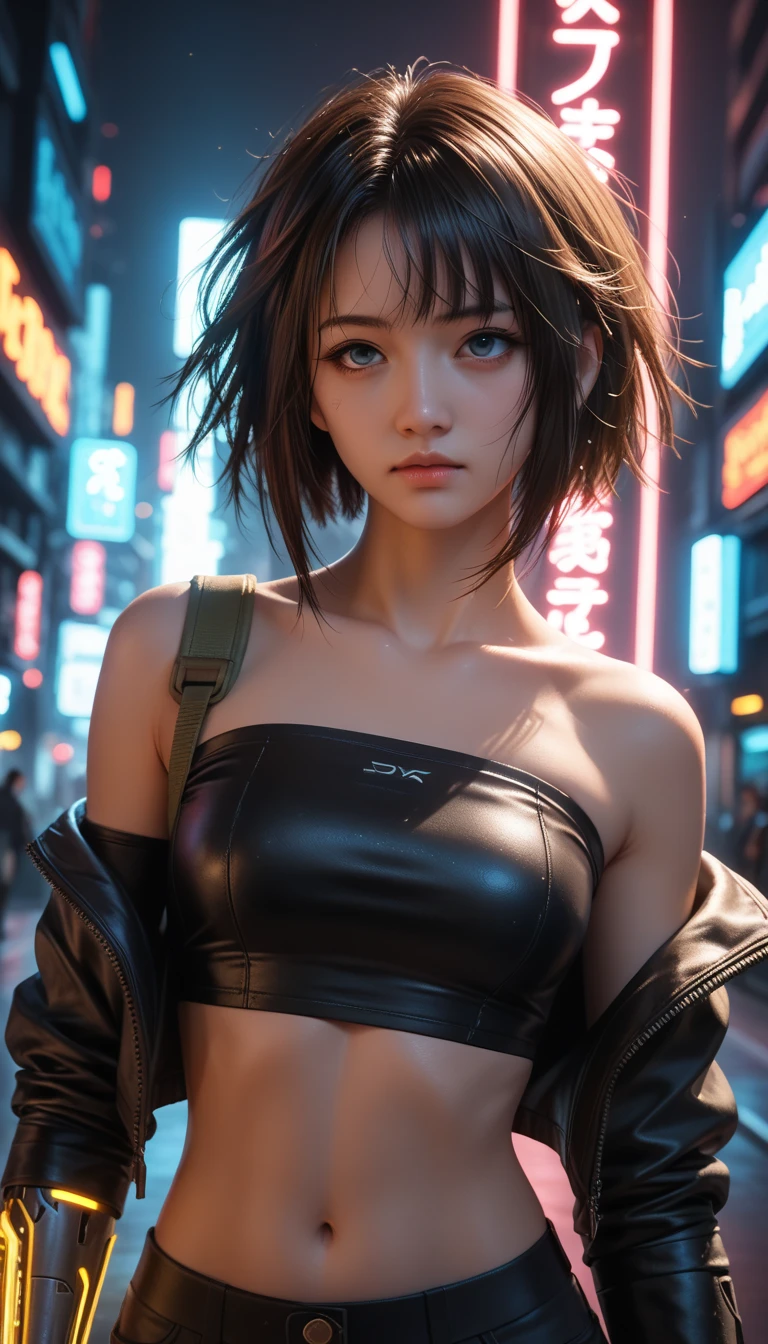 a beautiful detailed portrait of a 16-year-old Japanese girl, short bob haircut, medium breasts, messy hair, healthy looking, sexy expression, tight fitting clothes, daring pose,midriff exposed, Tube Top, highly detailed, dramatic lighting, (masterpiece,  top quality,  more:1.2),  (  dark futuristic skin wearing a tight jacket {x} cyberpunk city scene illuminated by neon lights ), (Alone:1.4), (  Cool Stylish),  ( Vivid Breaks　hair , Glowing Neon Accents :1.3), (cybernetic arm, ), (Fingerless gloves, ),  (Dynamic Lighting,   Strong Contrast ),, Bare arms,