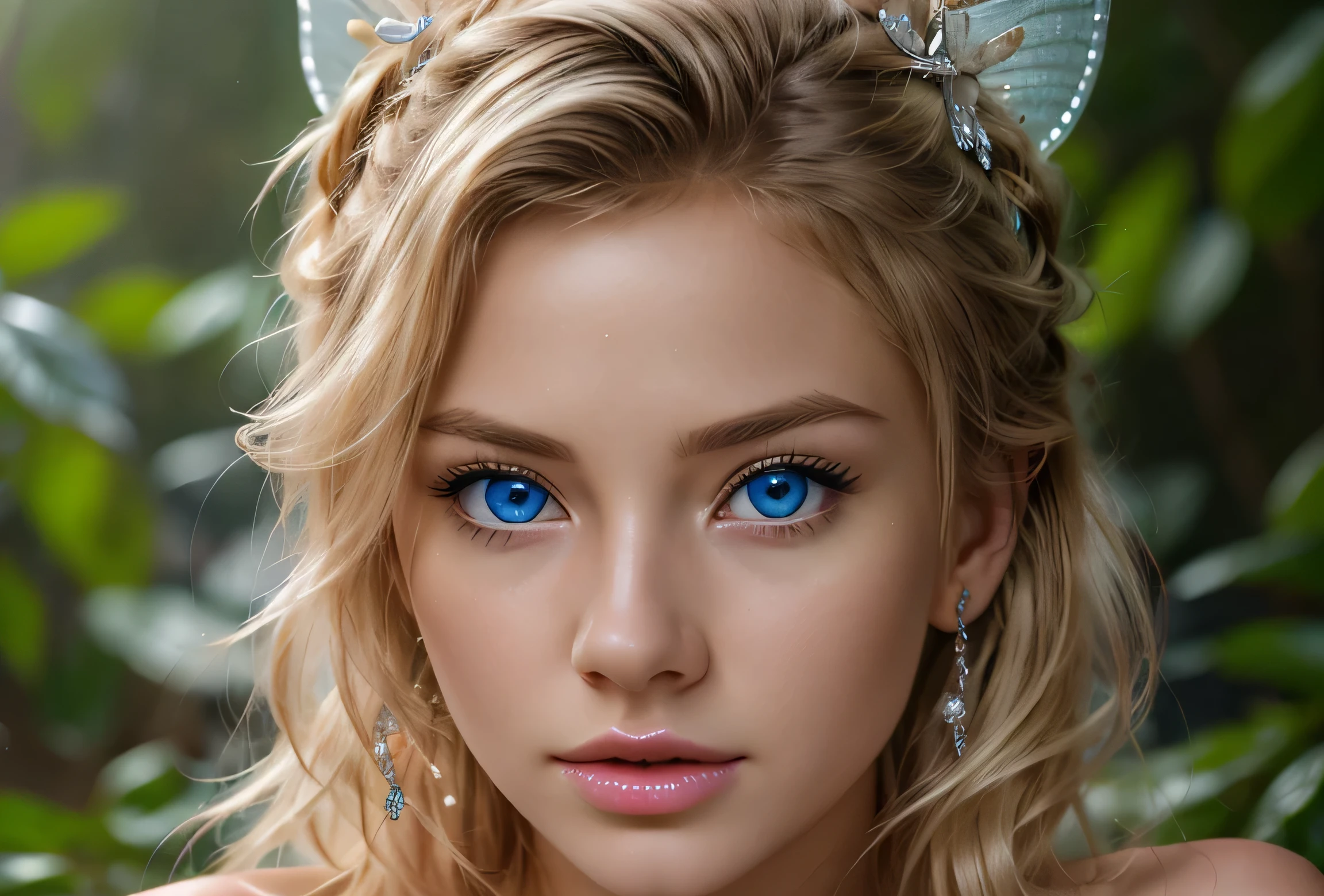 masterpiece, best quality, highly detailed, (masterpiece, best quality, highly detailed), very detailed face, hyperrealistic, (UHD quality details), (photorealism:1.5), 1girl, tinkerbell, blonde, fairy, horny, blue eyes, ahegao, [[cleavage]], blush,