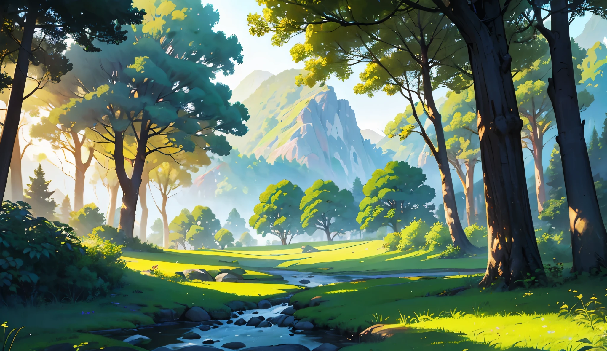 color illustration of Indian forest landscape with, open ground, Open battel field, surrounding trees, mountain, reaching towards the sky with branches outstretched, providing shade and sanctuary in this natural oasis , splashes of color painting the landscape with hues of green, a breathtaking display of nature's artistry, morning light, golden light, Disney style, 2D style