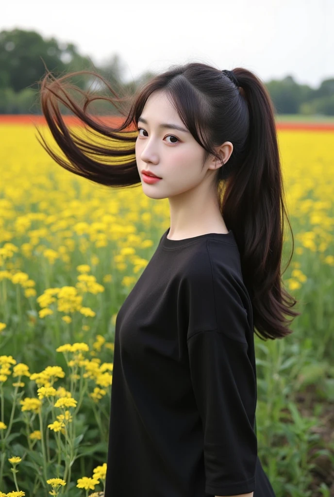 Woman, ponytail, long, flowing hair, Hair floats up, hair floats up , Long hair wearing a black shirt poses in a field of flowers, beautiful south beautiful asian girl, Thai anime, 3 D, 8k, Shot with a high quality Fuji camera, quality 45.,000,000 pixels, realistic light colors,korean woman, beautiful young korean woman, gorgeous young korean woman, Chinese girl, Gorgeous Chinese model, Korean girl, beautiful asian girl, korean woman, Chinese woman, socmed