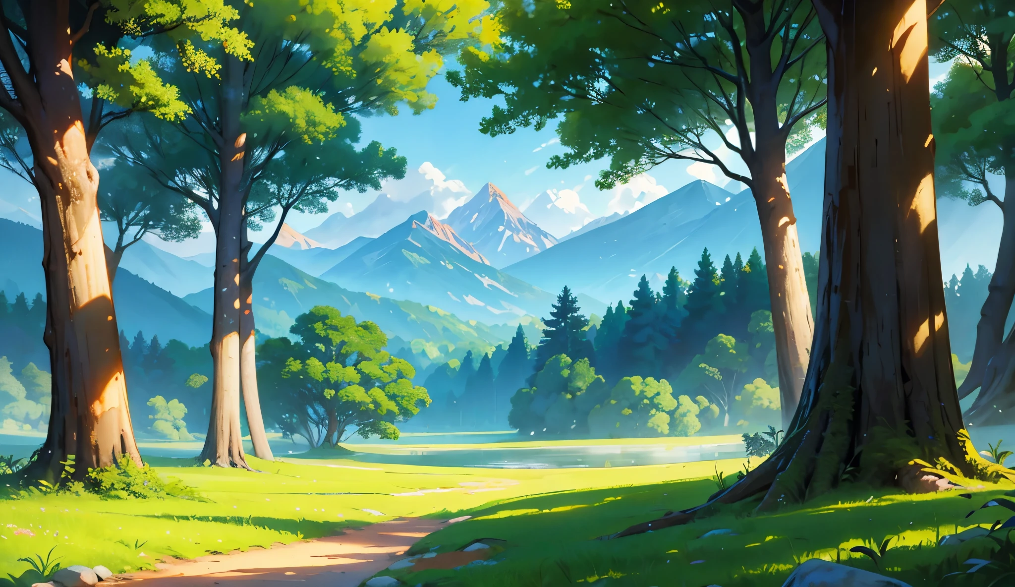 color illustration of Indian forest landscape with, open ground, Open battel field, surrounding trees, mountain, reaching towards the sky with branches outstretched, providing shade and sanctuary in this natural oasis , splashes of color painting the landscape with hues of green, a breathtaking display of nature's artistry, morning light, golden light, Disney style, 2D style