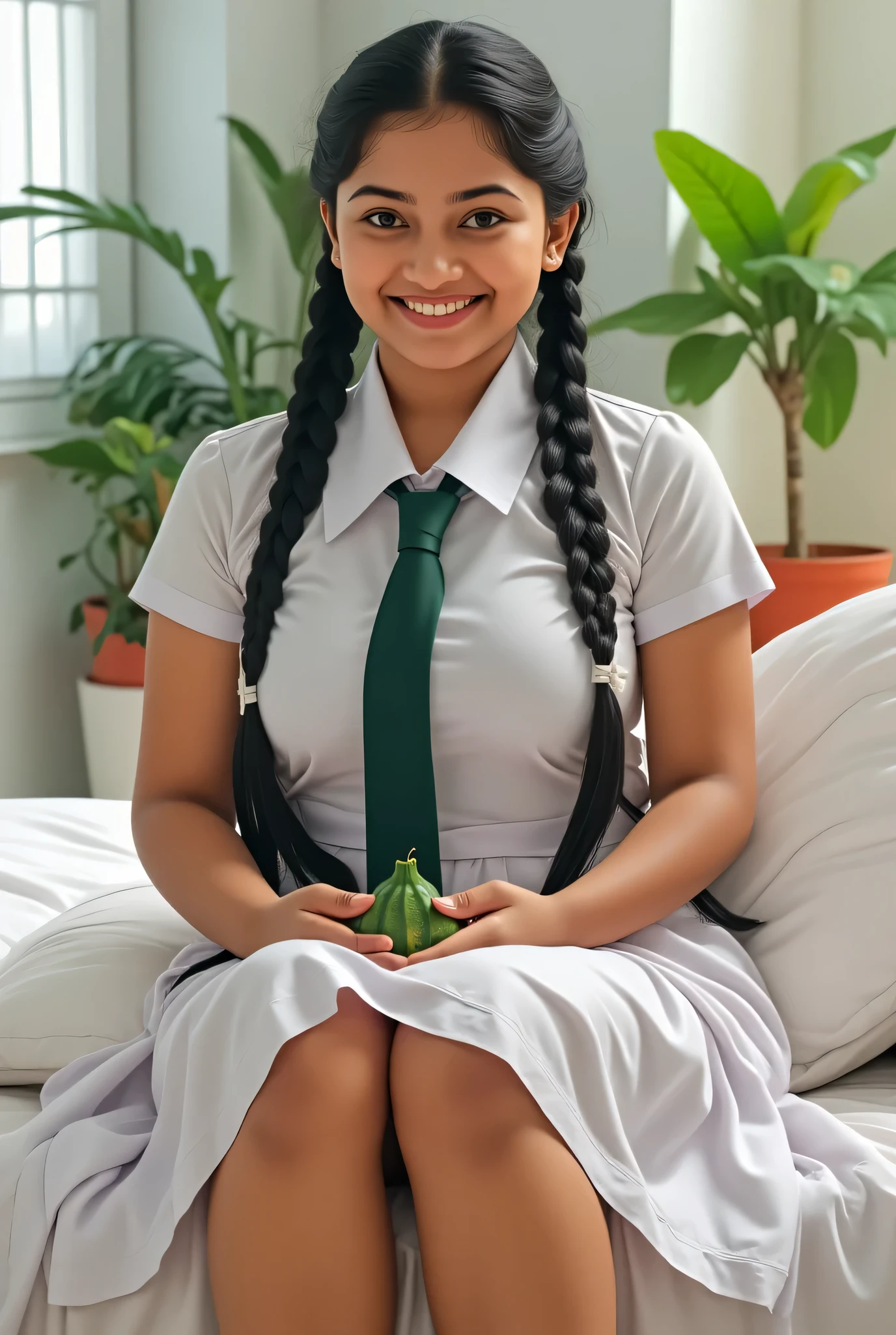 beautiful cute Sri Lankan school girl, in barefoot, Large breast size , 20 years old, wearing a white frock and a dark green tie. She has plaits, black braided long hair, correct anatomy of other body parts, beaming with happiness as she poses road at school premises, brown skin tone, sweaty skin, thighs are exposed, better pose, full body view, sitting on a bed in her room, holding a cucumber with both hands