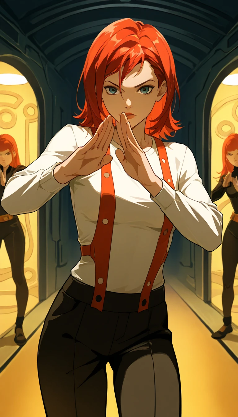 Anime, cowboy shot, (ohwx), mila Jovovich as leeloo, woman with red hair,  kung fu pose,suspenders,  fifth element, style of the fifth element ,Leeloo Dallas, cosmic corridor in background