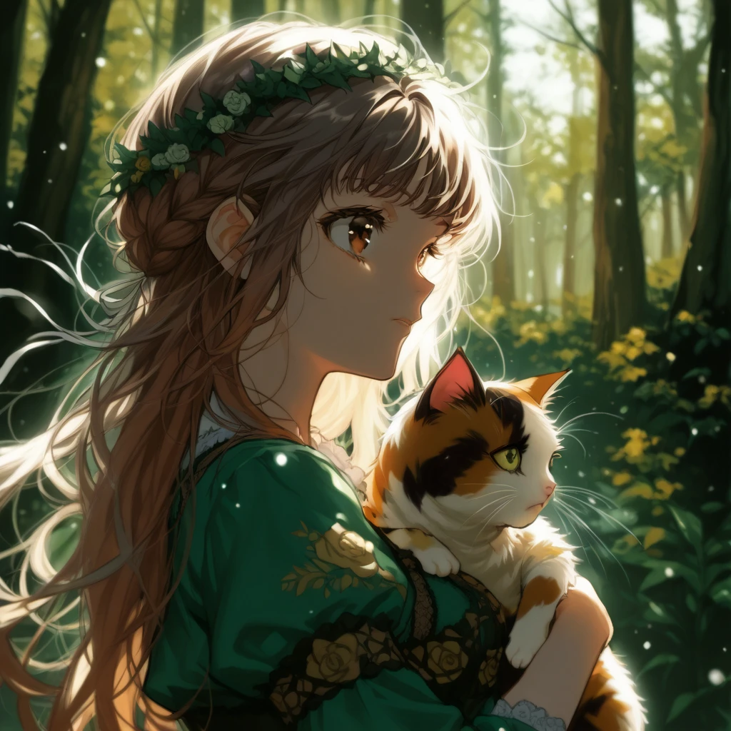 beautiful girl with her calico cat, brown hair