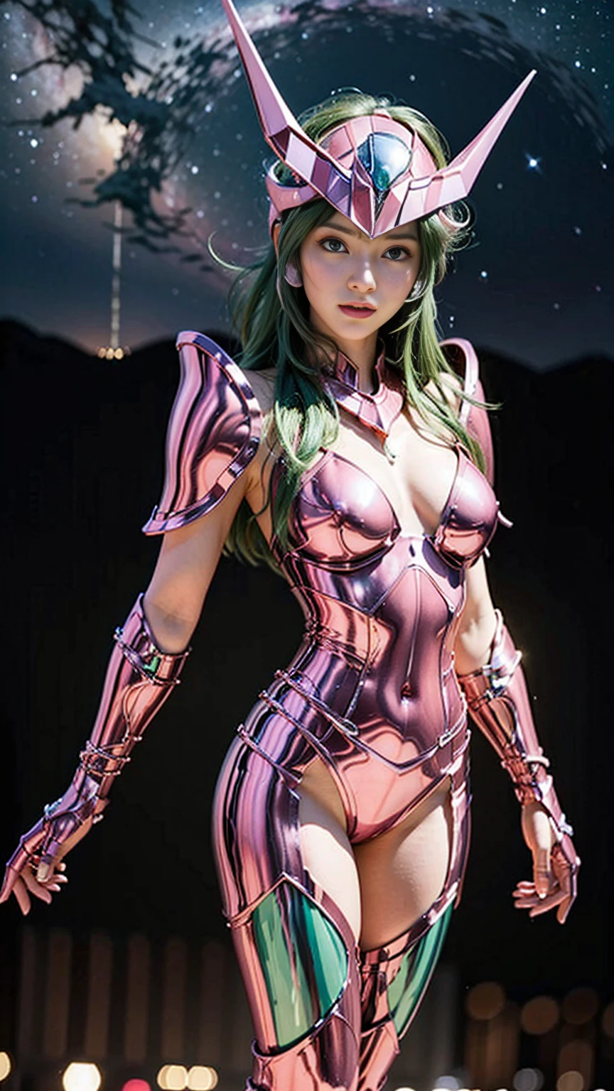 Pose sensual, foto corpo inteiro, At the Coliseum in Greece, ultra realistic, in Greece, rosto detalhado, olhos detalhados, nariz detalhado, boca detalhado, Torneios de Artes Marciais, Saint Seiya, Menina bonita, boneca koreana, athletic body, huge breasts, clivagem da mama, pernas torneadas, He wears metallic pink shiny futuristic combat bikini armor, green hair, Shiny silver chains are connected on all sides, An unbelievable number of shiny chains, Armadura com correntes, 8k, qualidade superior, beleza dos pelos pubianos, high resolution, very high resolution, 1080P, hard disk, 4k, 8k, 16k, muito detalhado, realista, 8k, Cinema 4D, Arte extremamente detalhado, [ Arte Digital 4K ]