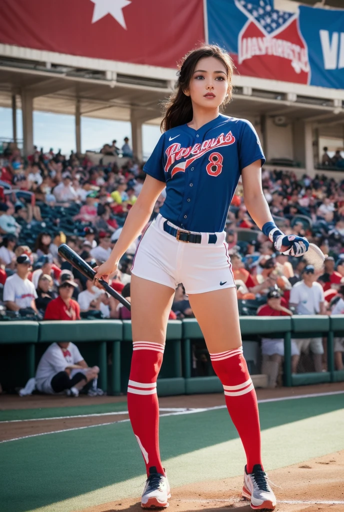 Epic fantasy artwork: A glamorous female baseball player stands confidently at home plate in a bustling stadium filled with cheering fans. She wears a sleek, form-fitting white sports bodysuit adorned with her team's logo, paired with knee-high striped socks in red and blue. Her pose is dynamic, holding a wooden baseball bat poised to swing. The stadium features vibrant patriotic decorations, including banners and flags, creating a festive atmosphere. The scene is lit by warm sunlight streaming through the semi-covered dome, with a sense of excitement and energy filling the air. Hyper-realistic style, precise human anatomy, cinematic lighting, and intricate crowd details. Ultra-realistic textures, cinematic lighting,