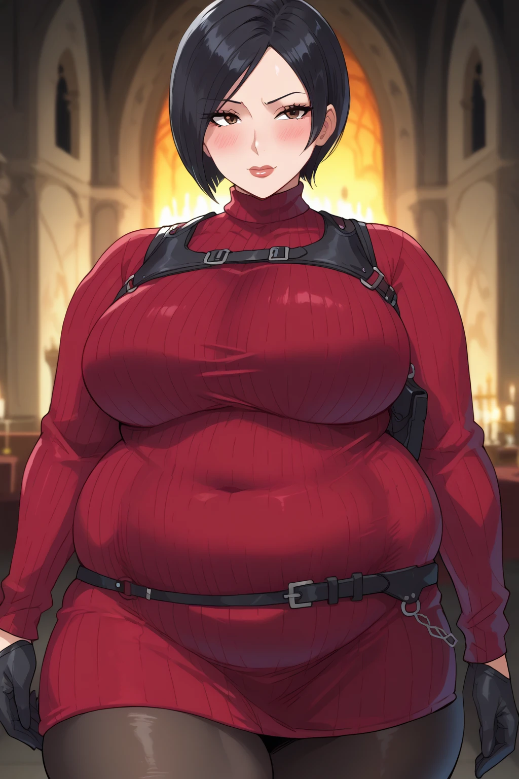 ada wong,Black Hair,  short hair,  dark eyes,  red sweater ,  turtleneck , Harness,  pantyhose,  Black Gloves , belt,  score_9,   score_8_up,   score_7_up,   score_6_up,   score_5_up,   score_4_up,     Masterpiece  ,   top quality,   Very Aesthetic,   absurd,   source_Anime, Anime screencap,   one woman , Alone,  personal  ,  Super huge breasts, ((( super huge clevis, Super huge , Super huge boob))), Curvy,  chubby , Mature Woman,  obese body type, blush,  troubled expression,　 sloppy stomach , puzzled expressions,In the dark castle