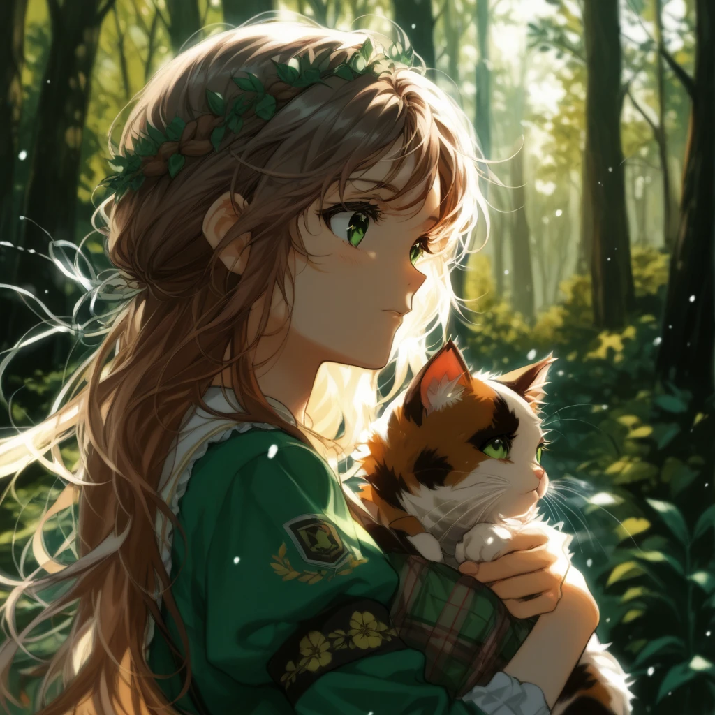 beautiful girl with her calico cat, brown hair, green eyes